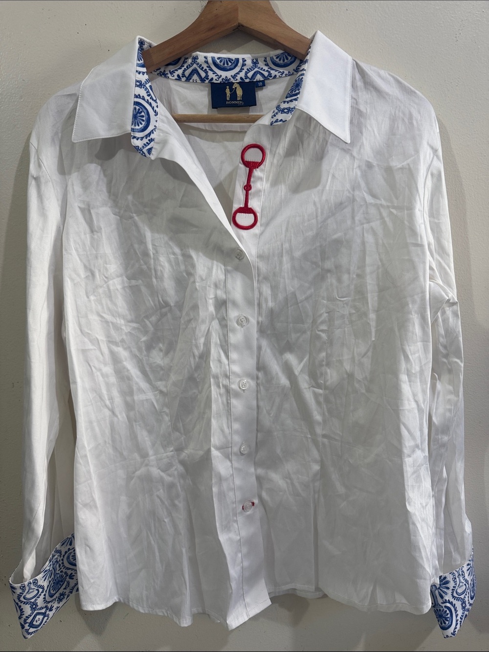 RONNER White Button-Down Shirt with Blue Paisley Trim and Red Accent